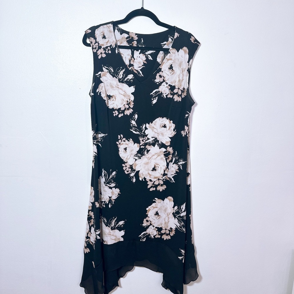 LOFT Size L Floral V-Neck Handkerchief Hem Sleeveless Midi Dress Black RosePrint - Picture 2 of 5